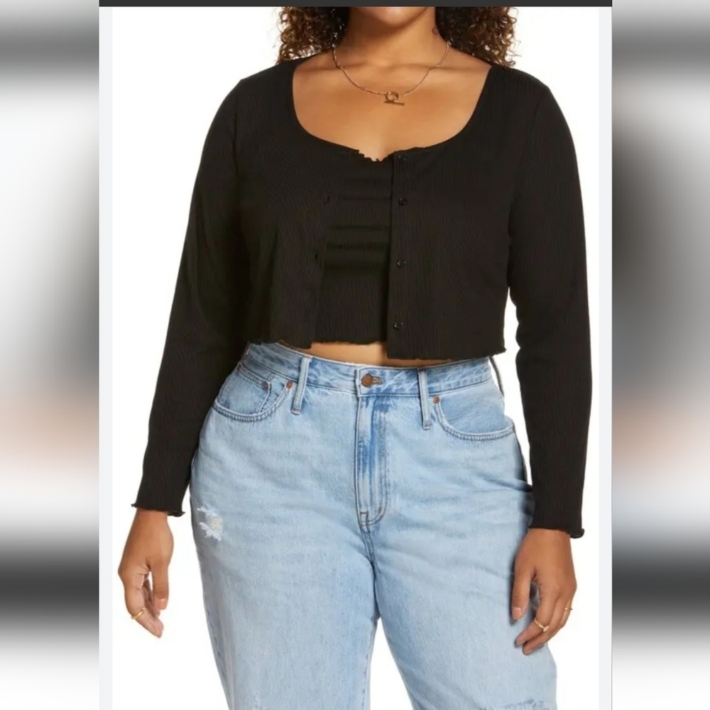 BP. | Crop Rib Cardigan & Camisole Set in black Sz 3X